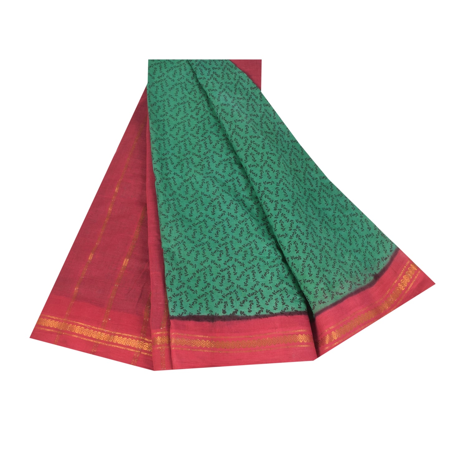 Sanskriti Vintage Sarees Green Pure Cotton Zari Woven &Printed Sari Craft Sustainable Fabric