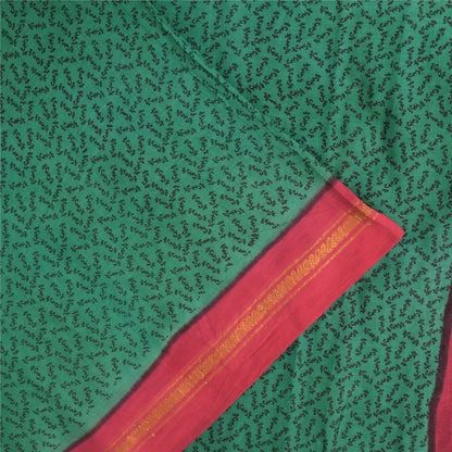 Sanskriti Vintage Sarees Green Pure Cotton Zari Woven &Printed Sari Craft Sustainable Fabric