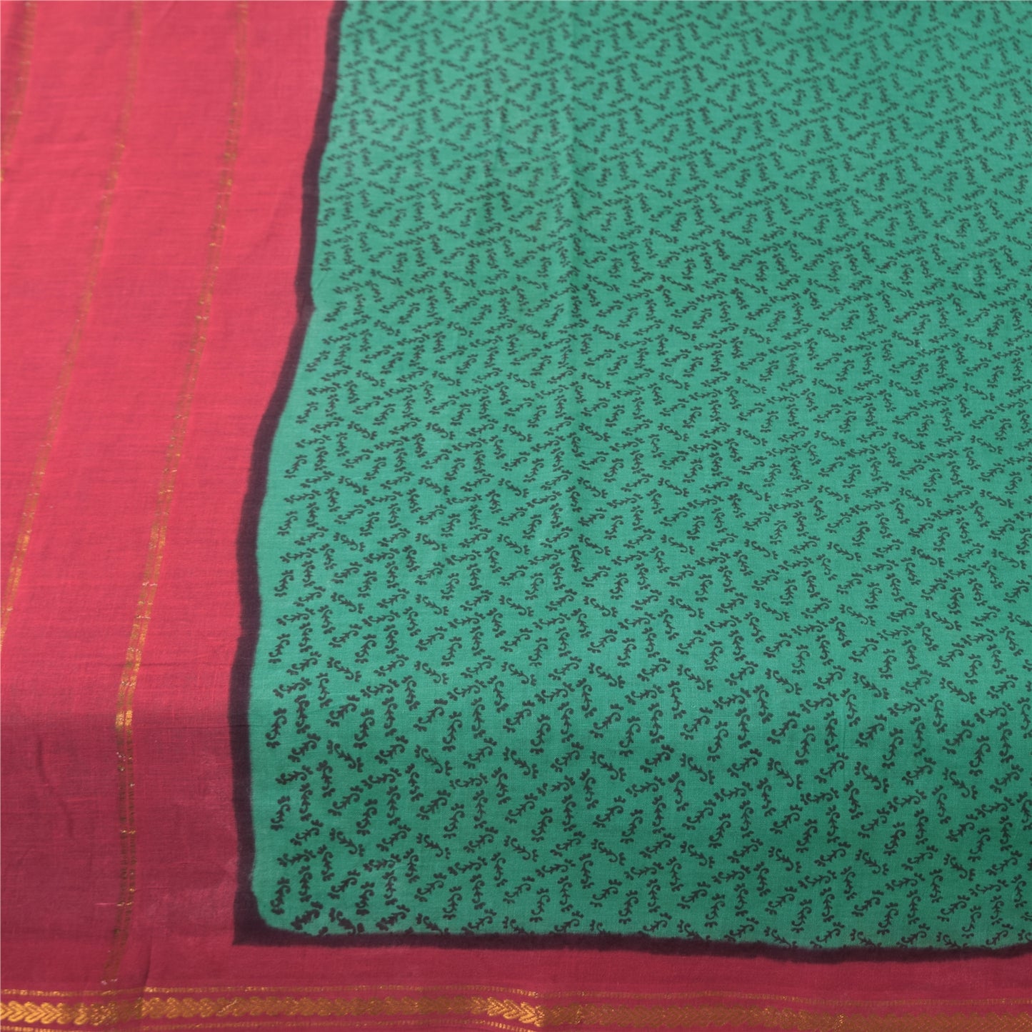 Sanskriti Vintage Sarees Green Pure Cotton Zari Woven &Printed Sari Craft Sustainable Fabric