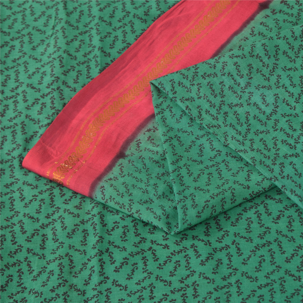 Sanskriti Vintage Sarees Green Pure Cotton Zari Woven &Printed Sari Craft Sustainable Fabric