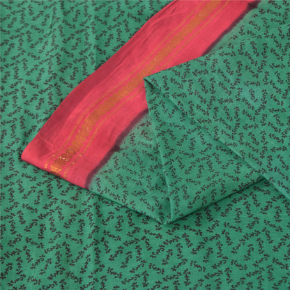 Sanskriti Vintage Sarees Green Pure Cotton Zari Woven &Printed Sari Craft Sustainable Fabric