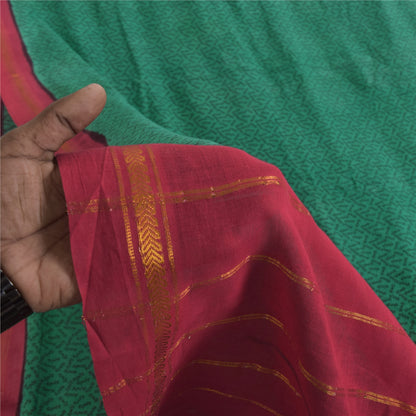 Sanskriti Vintage Sarees Green Pure Cotton Zari Woven &Printed Sari Craft Sustainable Fabric