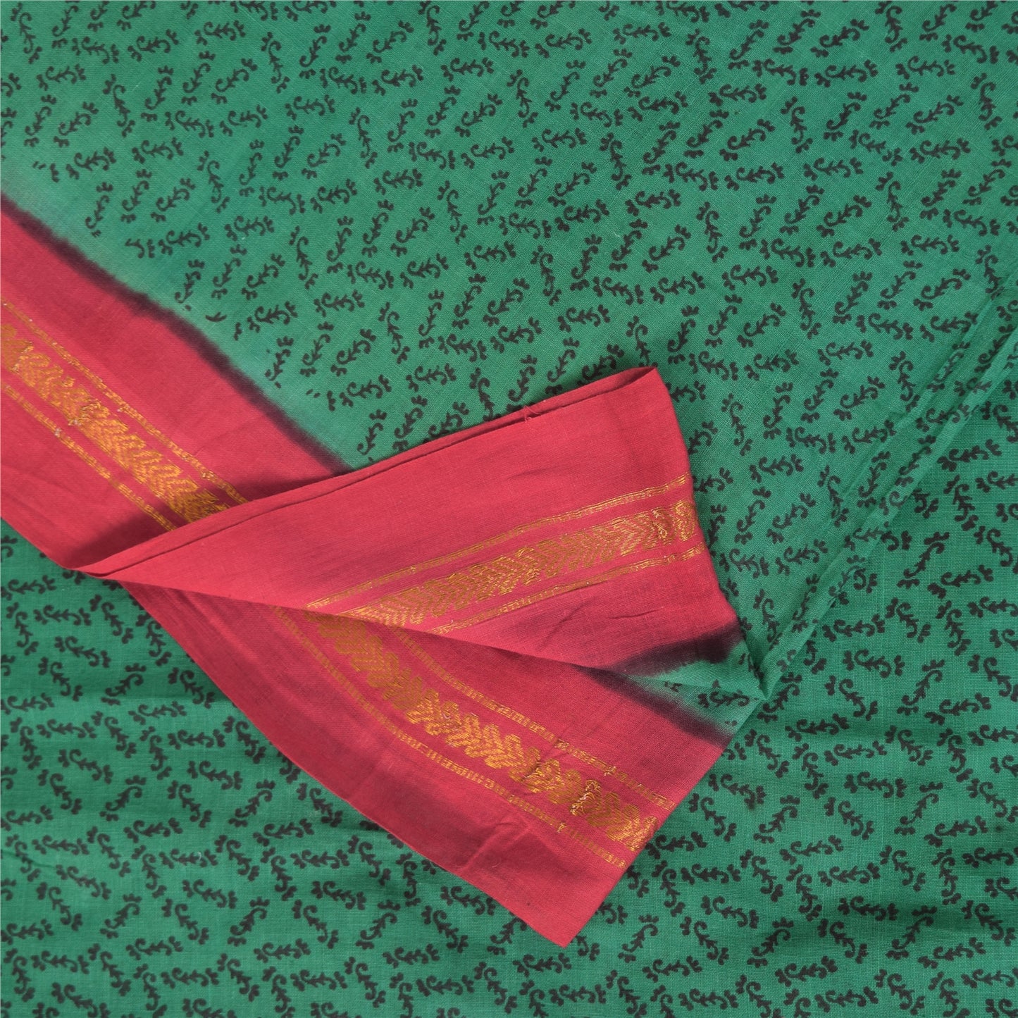 Sanskriti Vintage Sarees Green Pure Cotton Zari Woven &Printed Sari Craft Sustainable Fabric