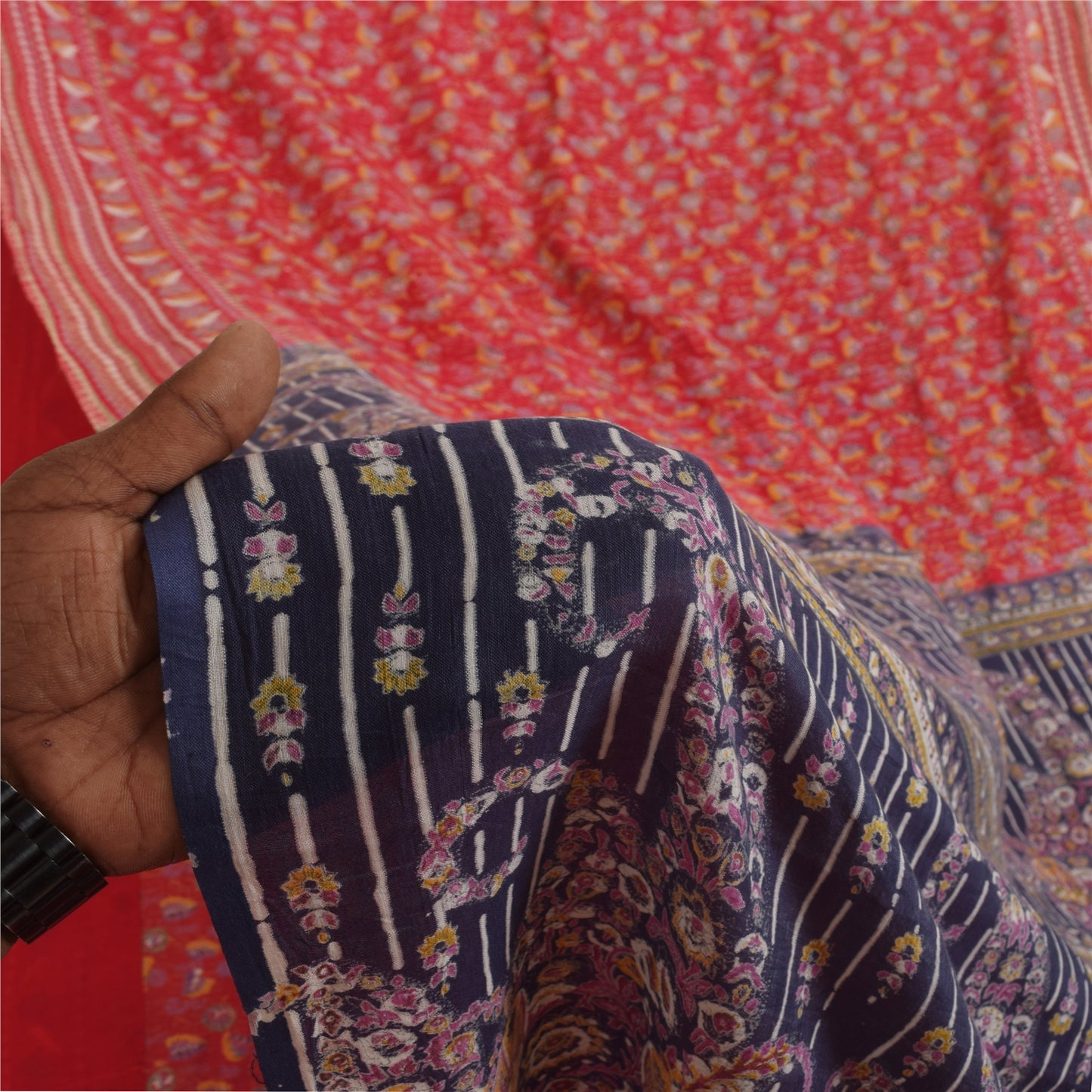 Sanskriti Vintage Sarees Indian Red Pure Cotton Printed Sari 5+yd Craft Sustainable Fabric