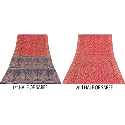 Sanskriti Vintage Sarees Indian Red Pure Cotton Printed Sari 5+yd Craft Sustainable Fabric