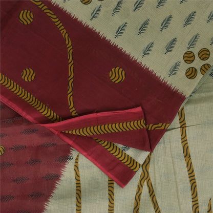 Sanskriti Vintage Sarees Indian Cream Pure Cotton Printed Sari 5+yd Craft Sustainable Fabric