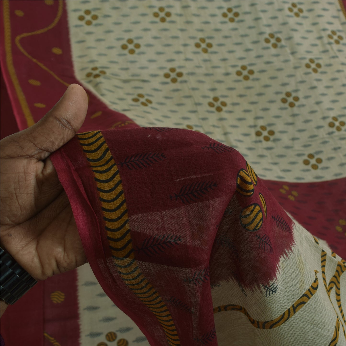 Sanskriti Vintage Sarees Indian Cream Pure Cotton Printed Sari 5+yd Craft Sustainable Fabric