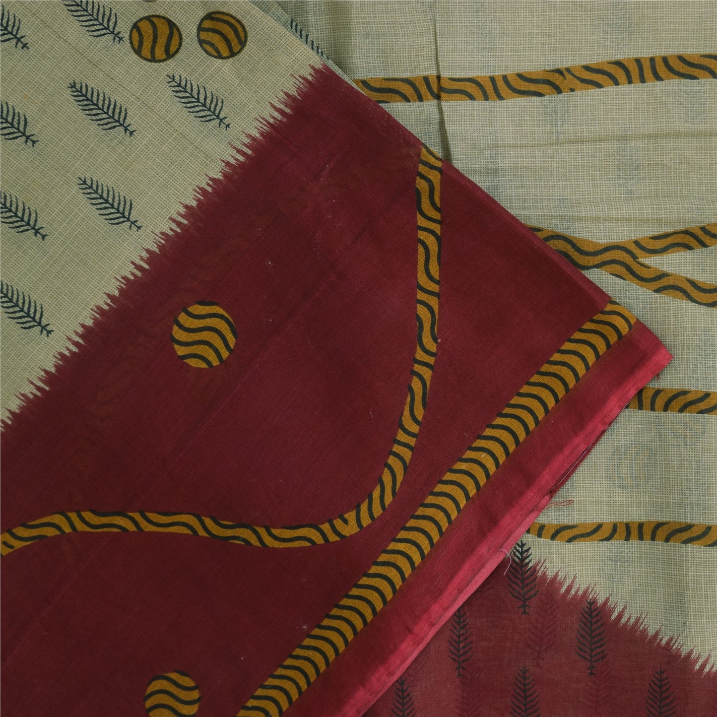 Sanskriti Vintage Sarees Indian Cream Pure Cotton Printed Sari 5+yd Craft Sustainable Fabric