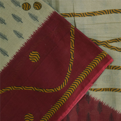 Sanskriti Vintage Sarees Indian Cream Pure Cotton Printed Sari 5+yd Craft Sustainable Fabric