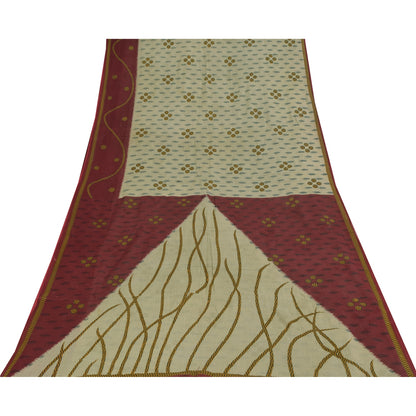 Sanskriti Vintage Sarees Indian Cream Pure Cotton Printed Sari 5+yd Craft Sustainable Fabric