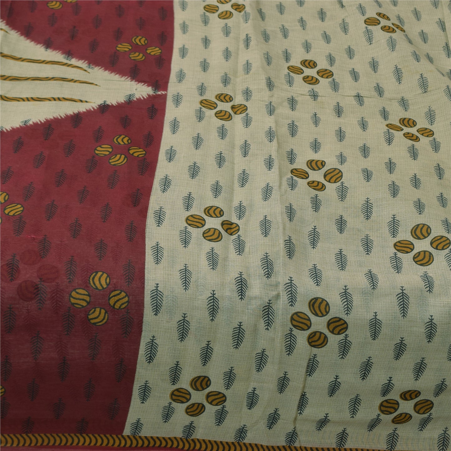 Sanskriti Vintage Sarees Indian Cream Pure Cotton Printed Sari 5+yd Craft Sustainable Fabric