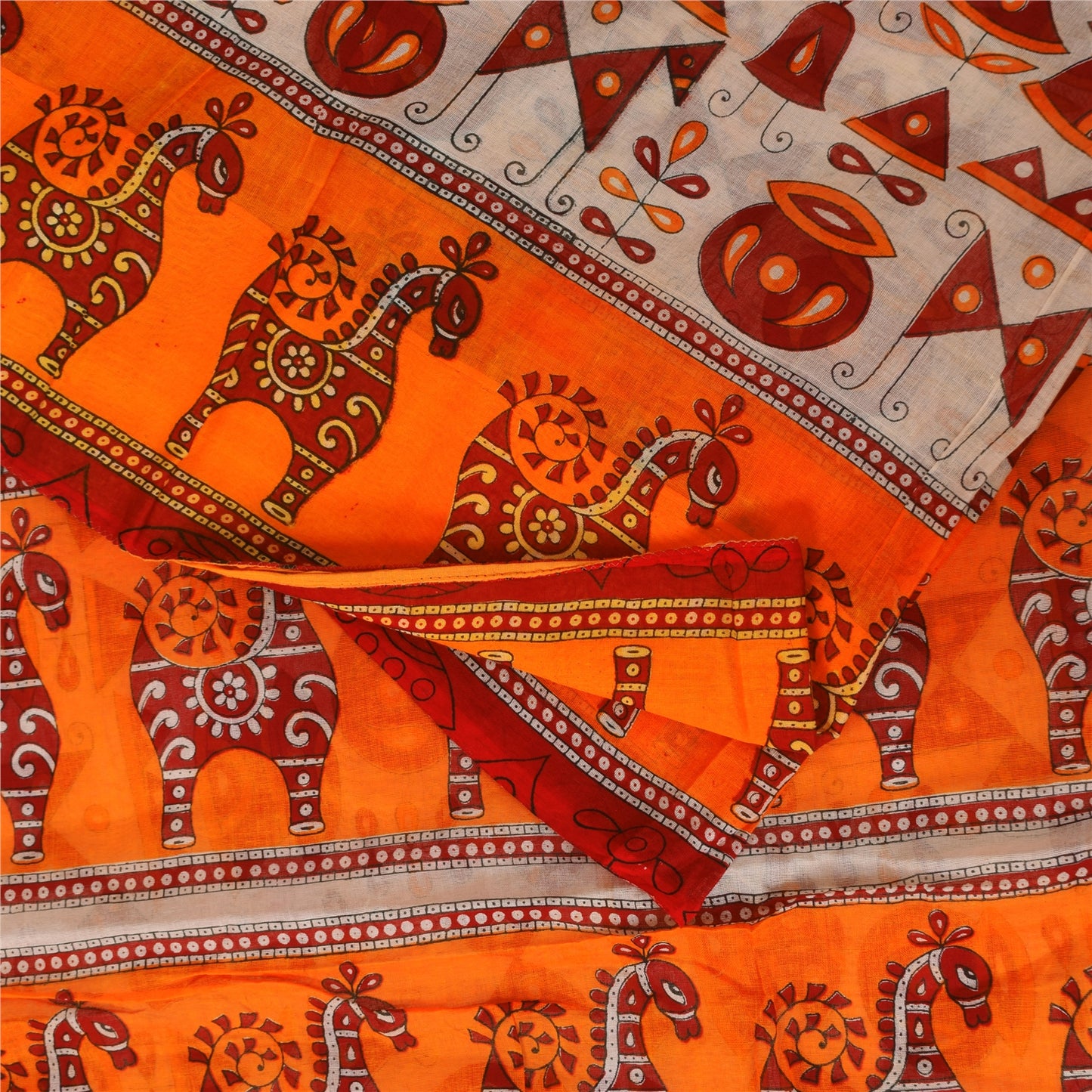 Sanskriti Vintage Sarees Ivory & Orange Animal Pure Cotton Printed Sari Sustainable Fabric