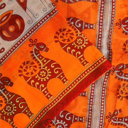 Sanskriti Vintage Sarees Ivory & Orange Animal Pure Cotton Printed Sari Sustainable Fabric