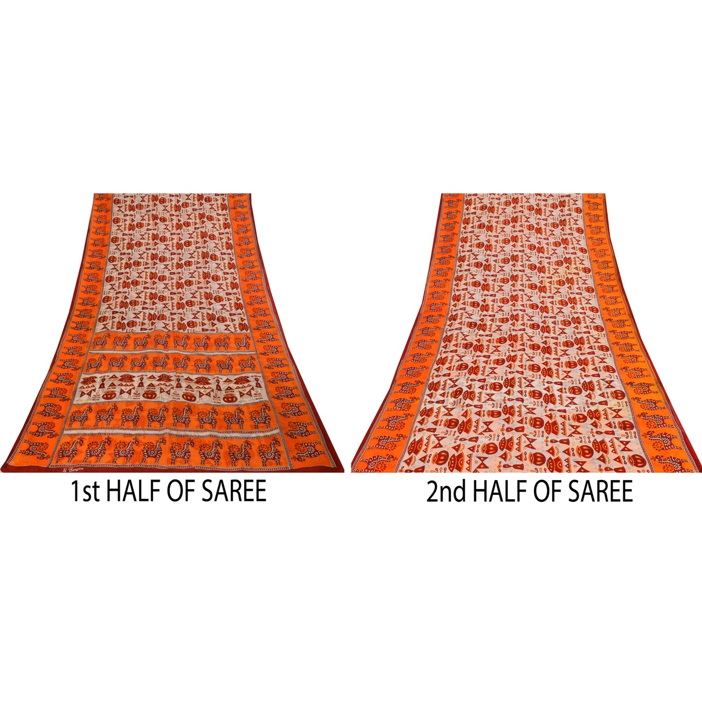 Sanskriti Vintage Sarees Ivory & Orange Animal Pure Cotton Printed Sari Sustainable Fabric