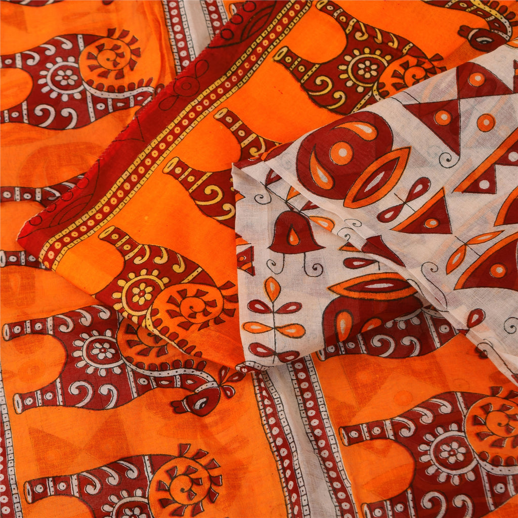 Sanskriti Vintage Sarees Ivory & Orange Animal Pure Cotton Printed Sari Sustainable Fabric