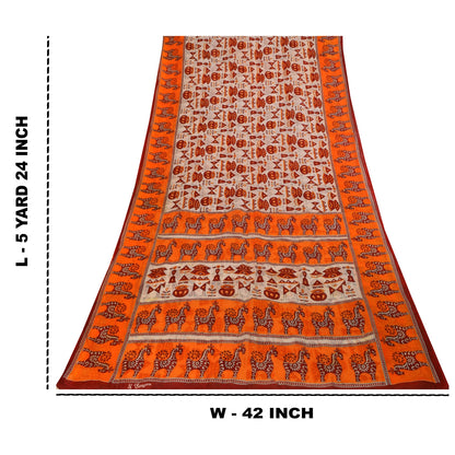Sanskriti Vintage Sarees Ivory & Orange Animal Pure Cotton Printed Sari Sustainable Fabric