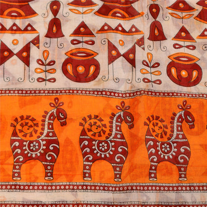 Sanskriti Vintage Sarees Ivory & Orange Animal Pure Cotton Printed Sari Sustainable Fabric