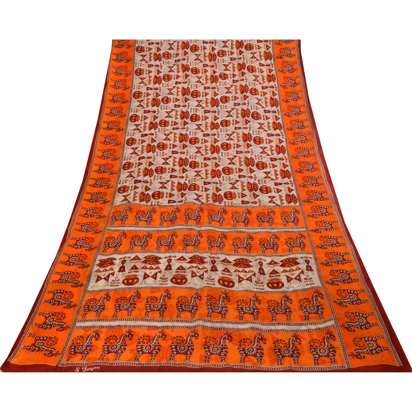 Sanskriti Vintage Sarees Ivory & Orange Animal Pure Cotton Printed Sari Sustainable Fabric