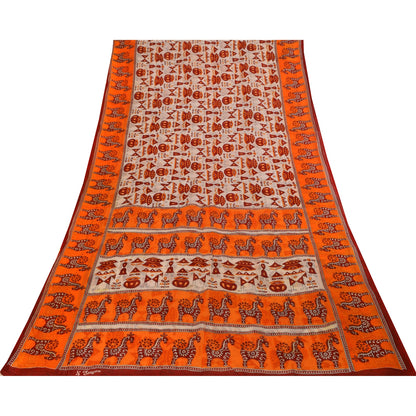 Sanskriti Vintage Sarees Ivory & Orange Animal Pure Cotton Printed Sari Sustainable Fabric