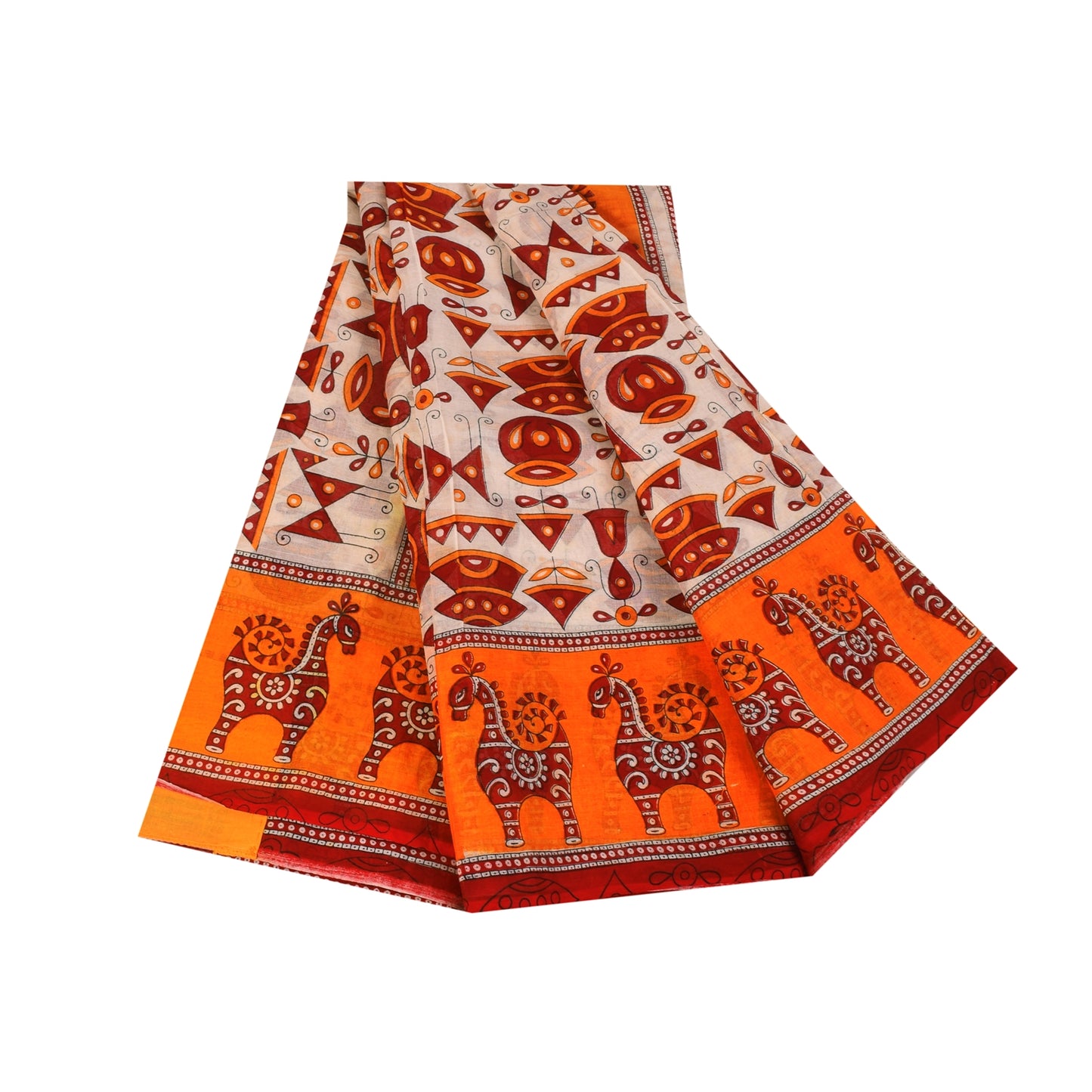 Sanskriti Vintage Sarees Ivory & Orange Animal Pure Cotton Printed Sari Sustainable Fabric