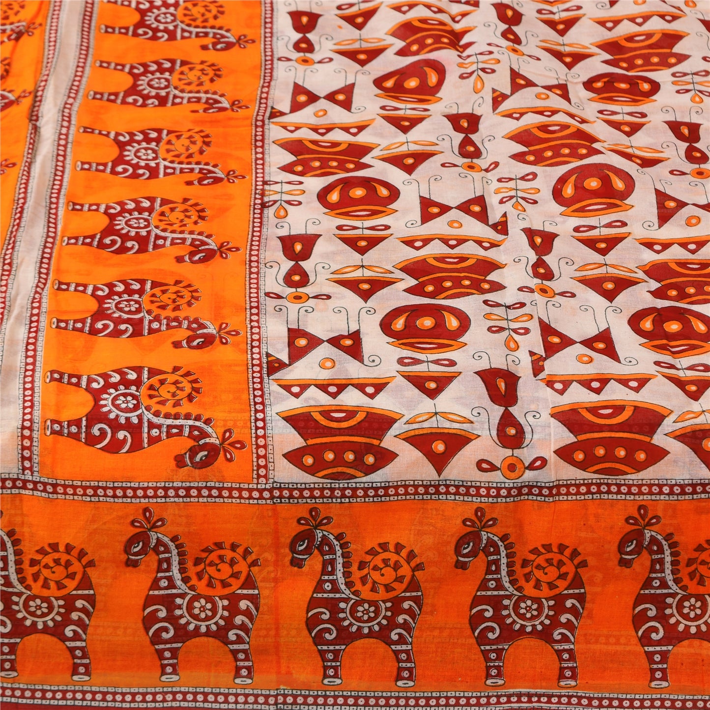 Sanskriti Vintage Sarees Ivory & Orange Animal Pure Cotton Printed Sari Sustainable Fabric