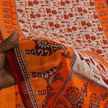 Sanskriti Vintage Sarees Ivory & Orange Animal Pure Cotton Printed Sari Sustainable Fabric