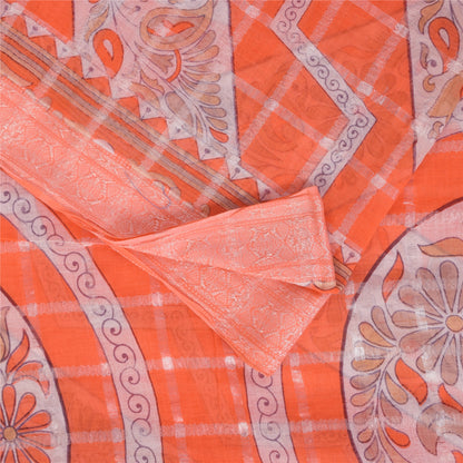Sanskriti Vintage Sarees Orange Pure Cotton Printed Woven Sari 5+yd Craft Sustainable Fabric