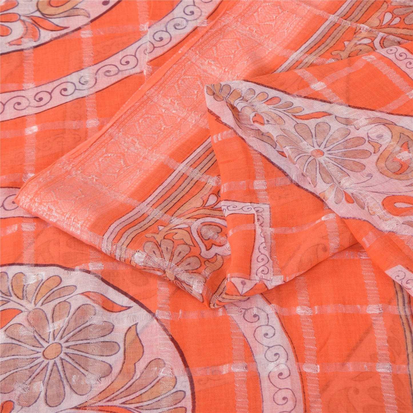 Sanskriti Vintage Sarees Orange Pure Cotton Printed Woven Sari 5+yd Craft Sustainable Fabric