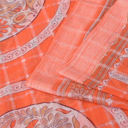 Sanskriti Vintage Sarees Orange Pure Cotton Printed Woven Sari 5+yd Craft Sustainable Fabric