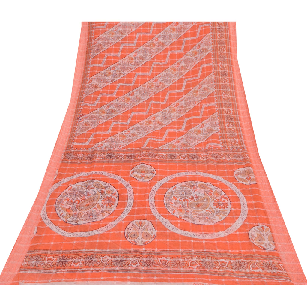 Sanskriti Vintage Sarees Orange Pure Cotton Printed Woven Sari 5+yd Craft Sustainable Fabric