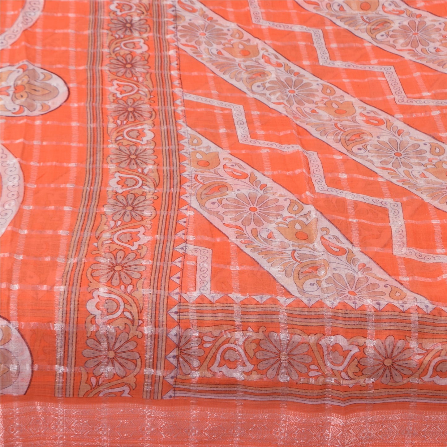 Sanskriti Vintage Sarees Orange Pure Cotton Printed Woven Sari 5+yd Craft Sustainable Fabric