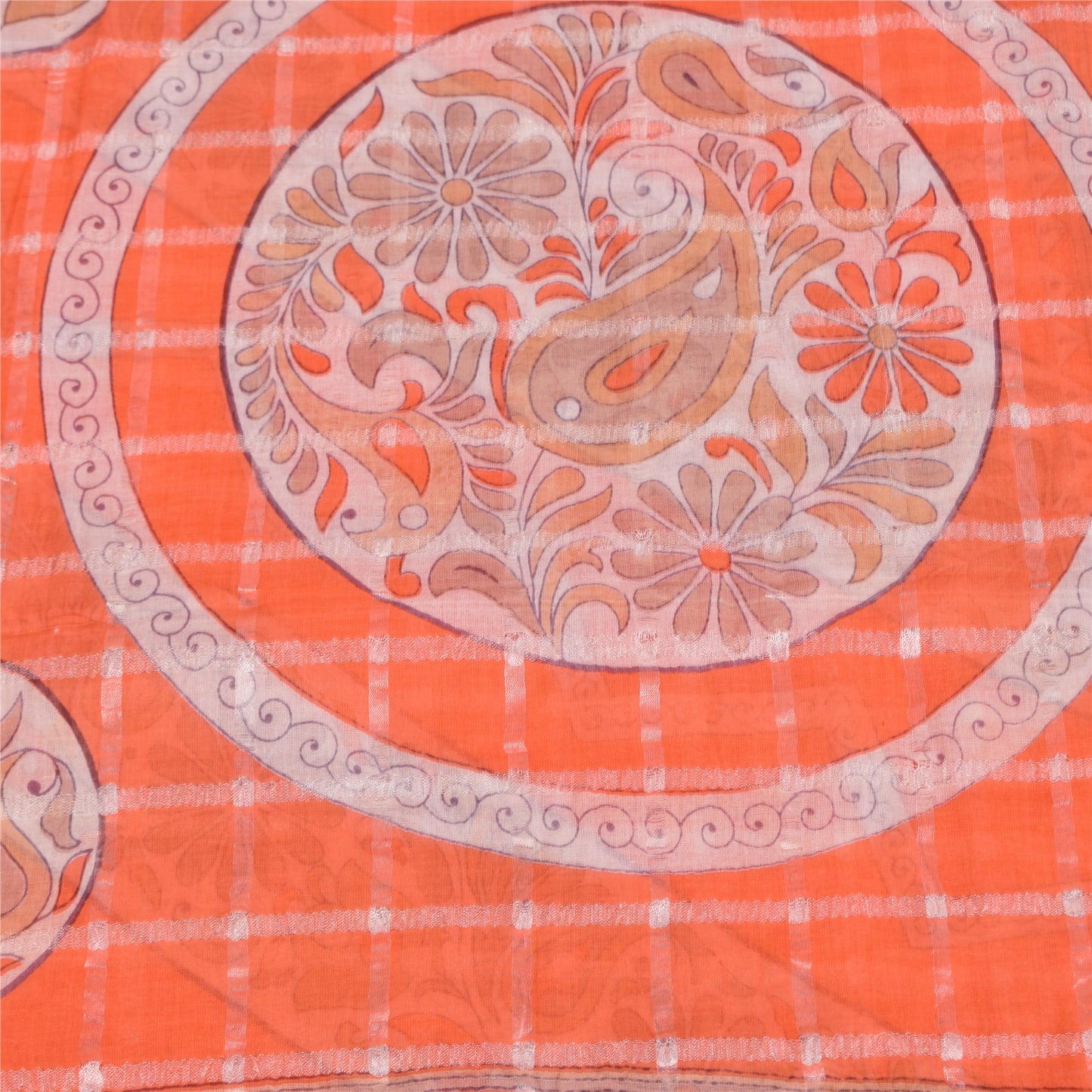 Sanskriti Vintage Sarees Orange Pure Cotton Printed Woven Sari 5+yd Craft Sustainable Fabric