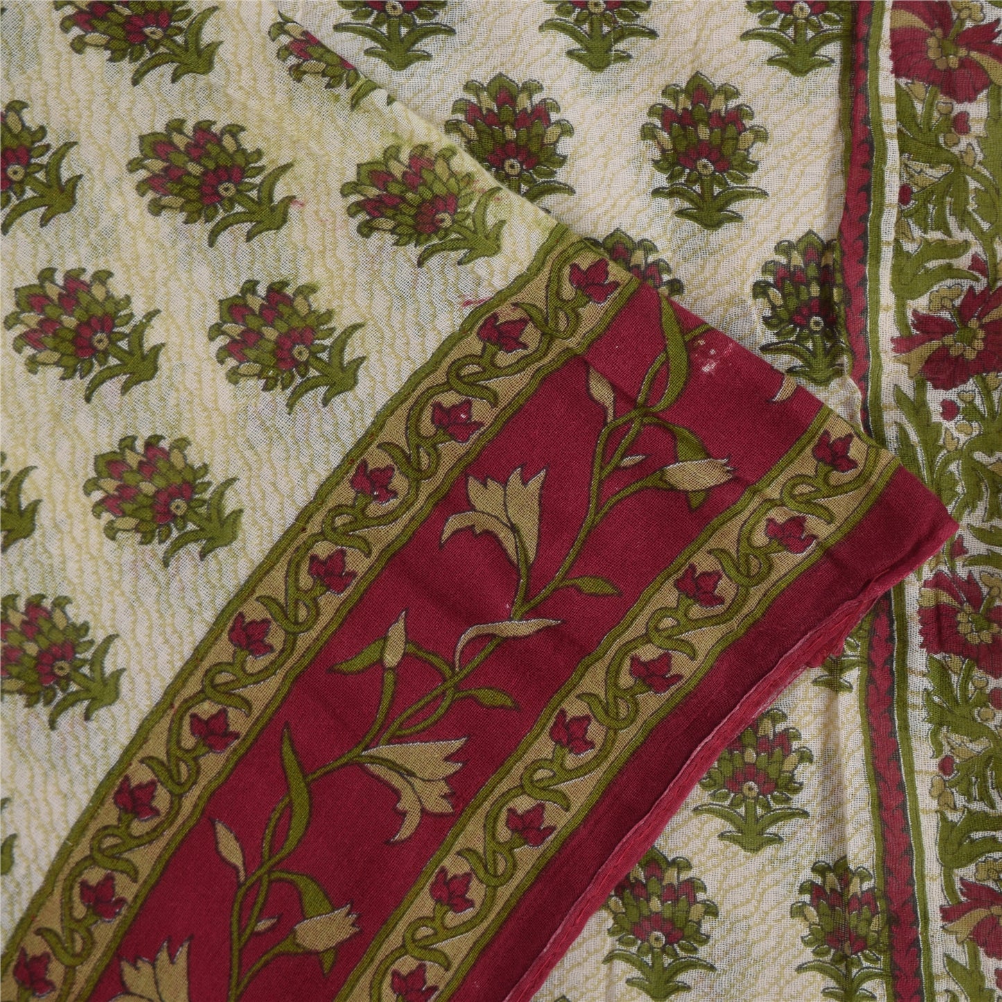 Sanskriti Vintage Sarees Indian Ivory Pure Cotton Printed Sari 5+yd Craft Sustainable Fabric