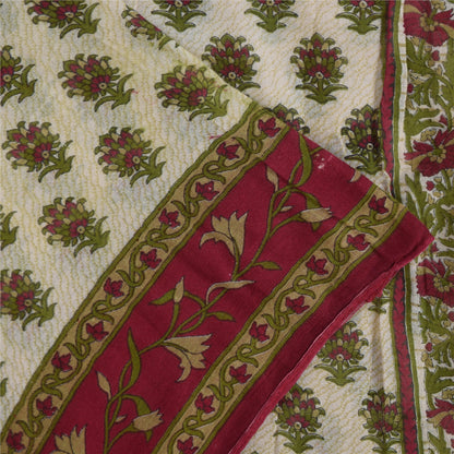 Sanskriti Vintage Sarees Indian Ivory Pure Cotton Printed Sari 5+yd Craft Sustainable Fabric
