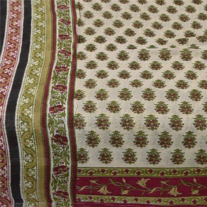 Sanskriti Vintage Sarees Indian Ivory Pure Cotton Printed Sari 5+yd Craft Sustainable Fabric