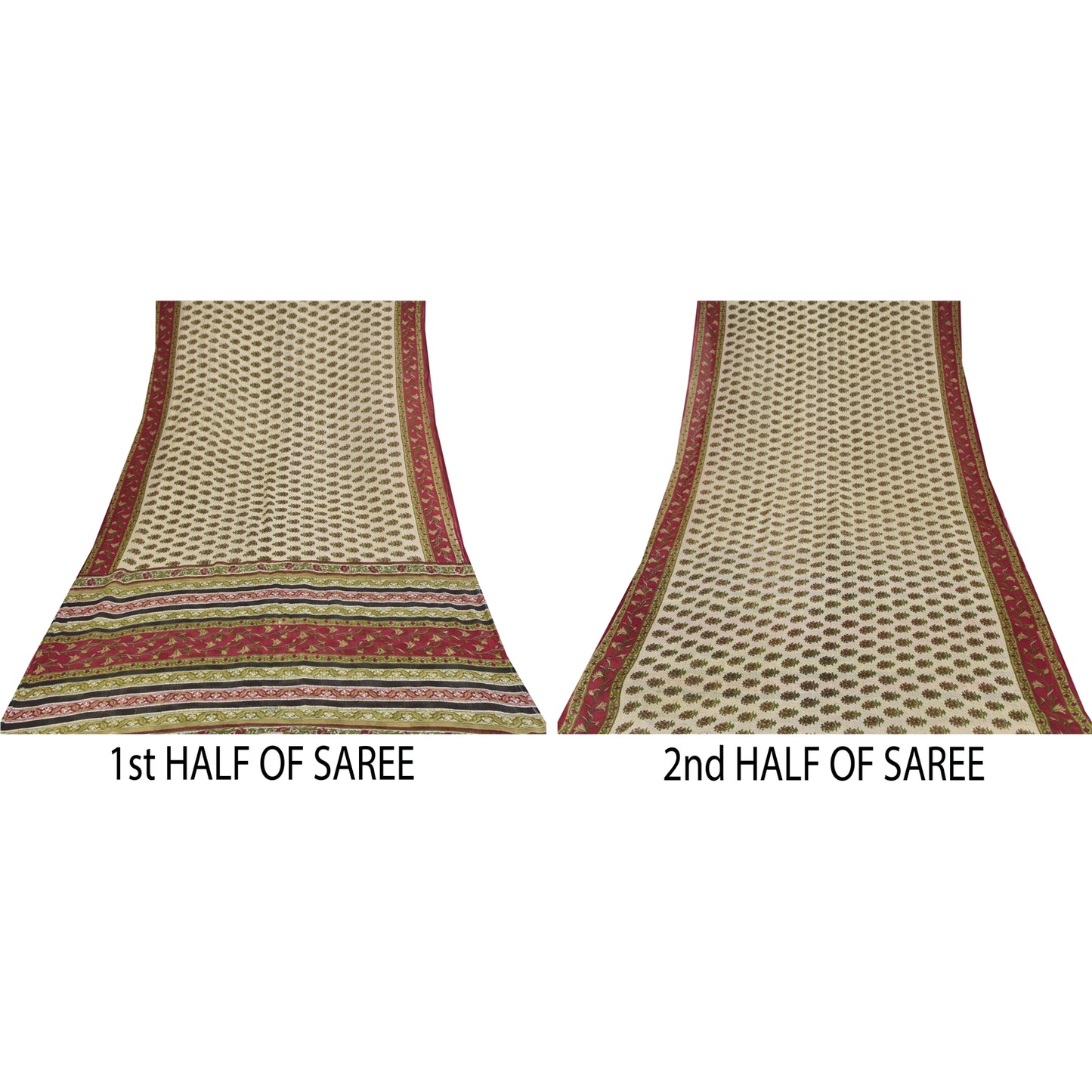 Sanskriti Vintage Sarees Indian Ivory Pure Cotton Printed Sari 5+yd Craft Sustainable Fabric