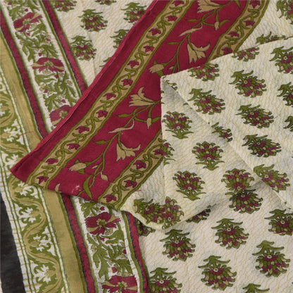 Sanskriti Vintage Sarees Indian Ivory Pure Cotton Printed Sari 5+yd Craft Sustainable Fabric