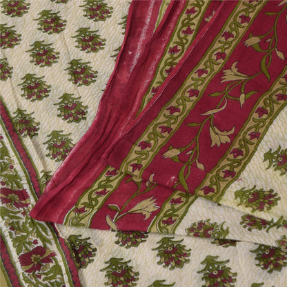 Sanskriti Vintage Sarees Indian Ivory Pure Cotton Printed Sari 5+yd Craft Sustainable Fabric