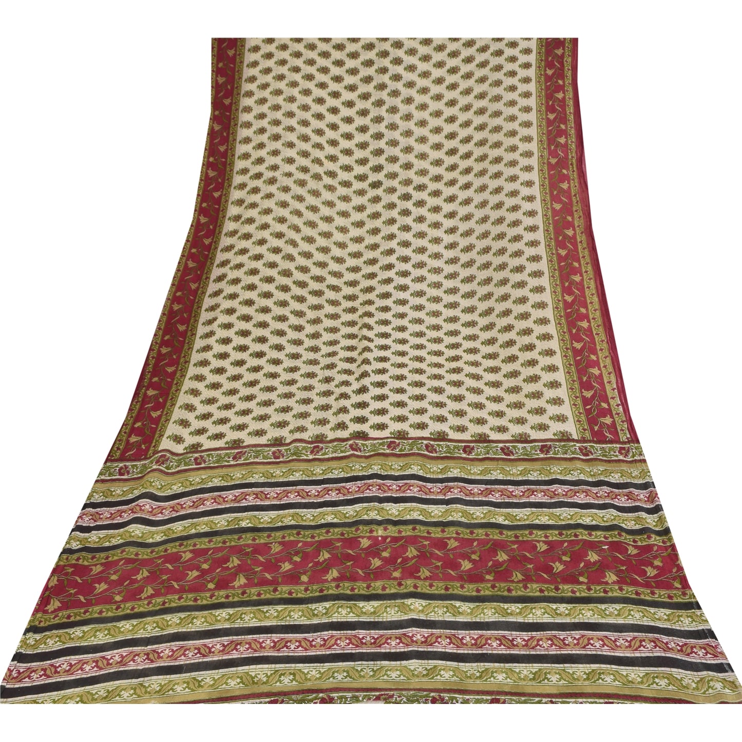 Sanskriti Vintage Sarees Indian Ivory Pure Cotton Printed Sari 5+yd Craft Sustainable Fabric