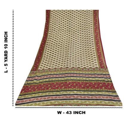 Sanskriti Vintage Sarees Indian Ivory Pure Cotton Printed Sari 5+yd Craft Sustainable Fabric