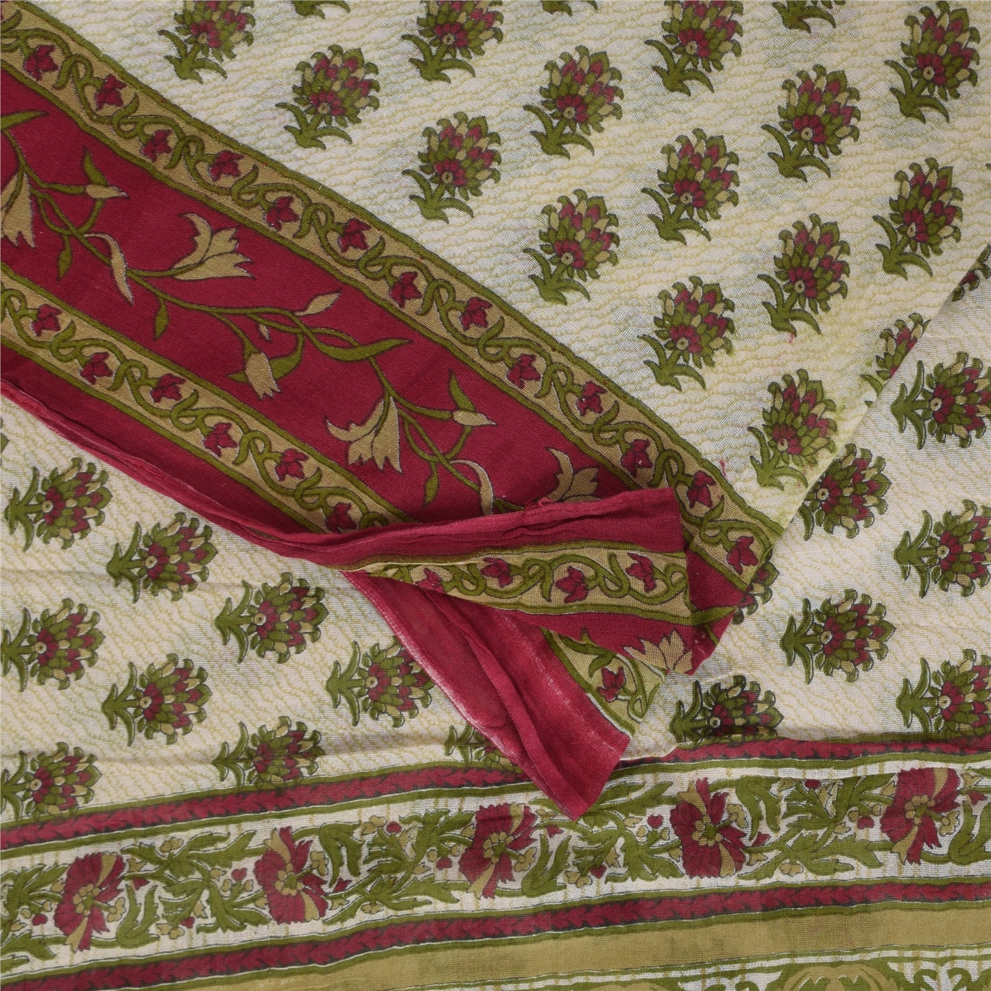 Sanskriti Vintage Sarees Indian Ivory Pure Cotton Printed Sari 5+yd Craft Sustainable Fabric