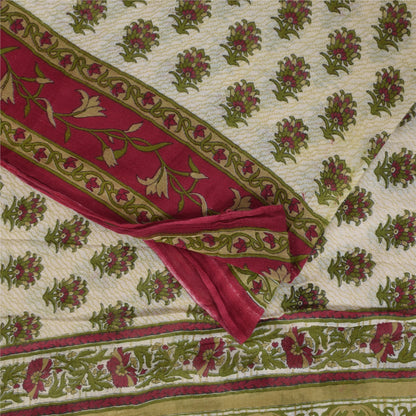 Sanskriti Vintage Sarees Indian Ivory Pure Cotton Printed Sari 5+yd Craft Sustainable Fabric