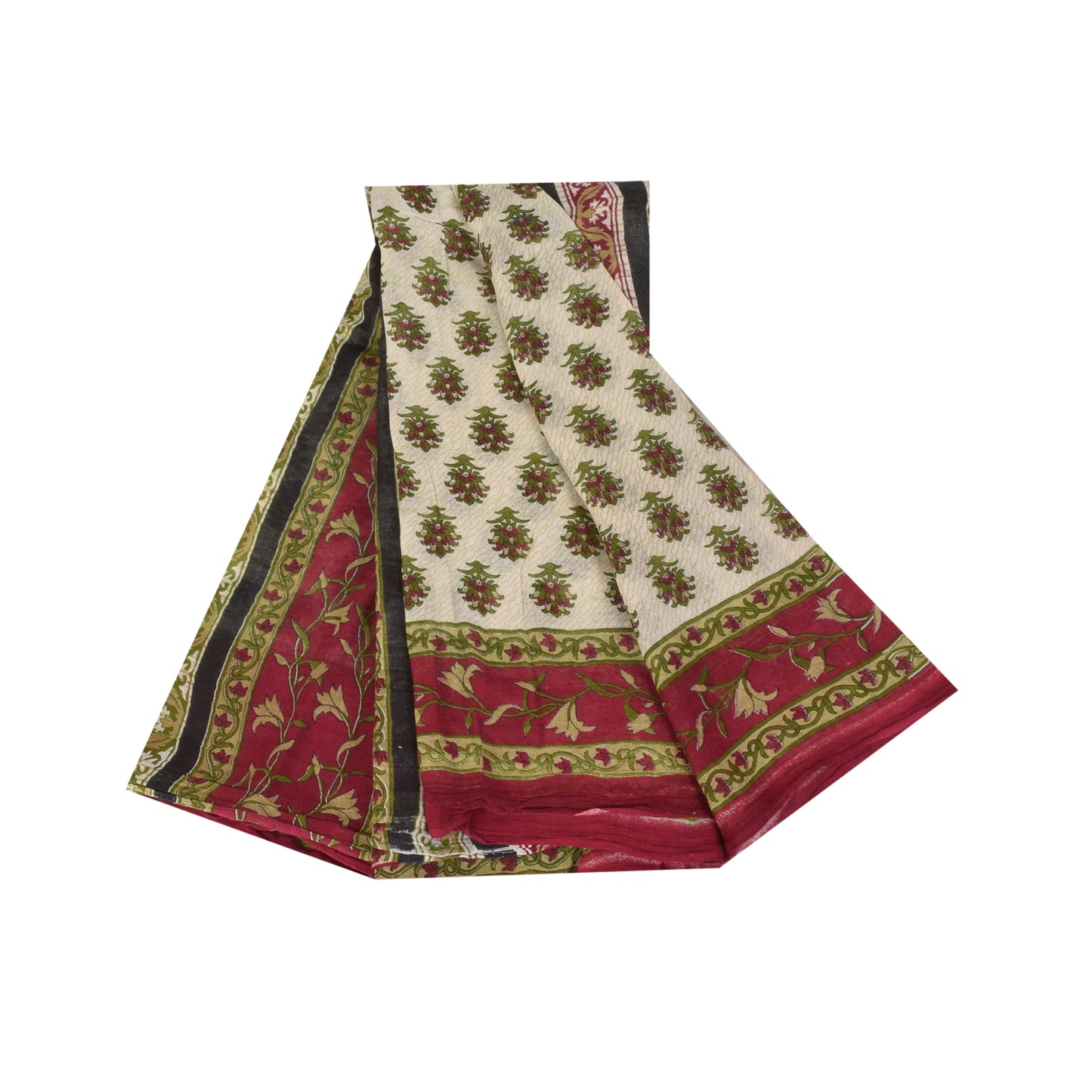 Sanskriti Vintage Sarees Indian Ivory Pure Cotton Printed Sari 5+yd Craft Sustainable Fabric
