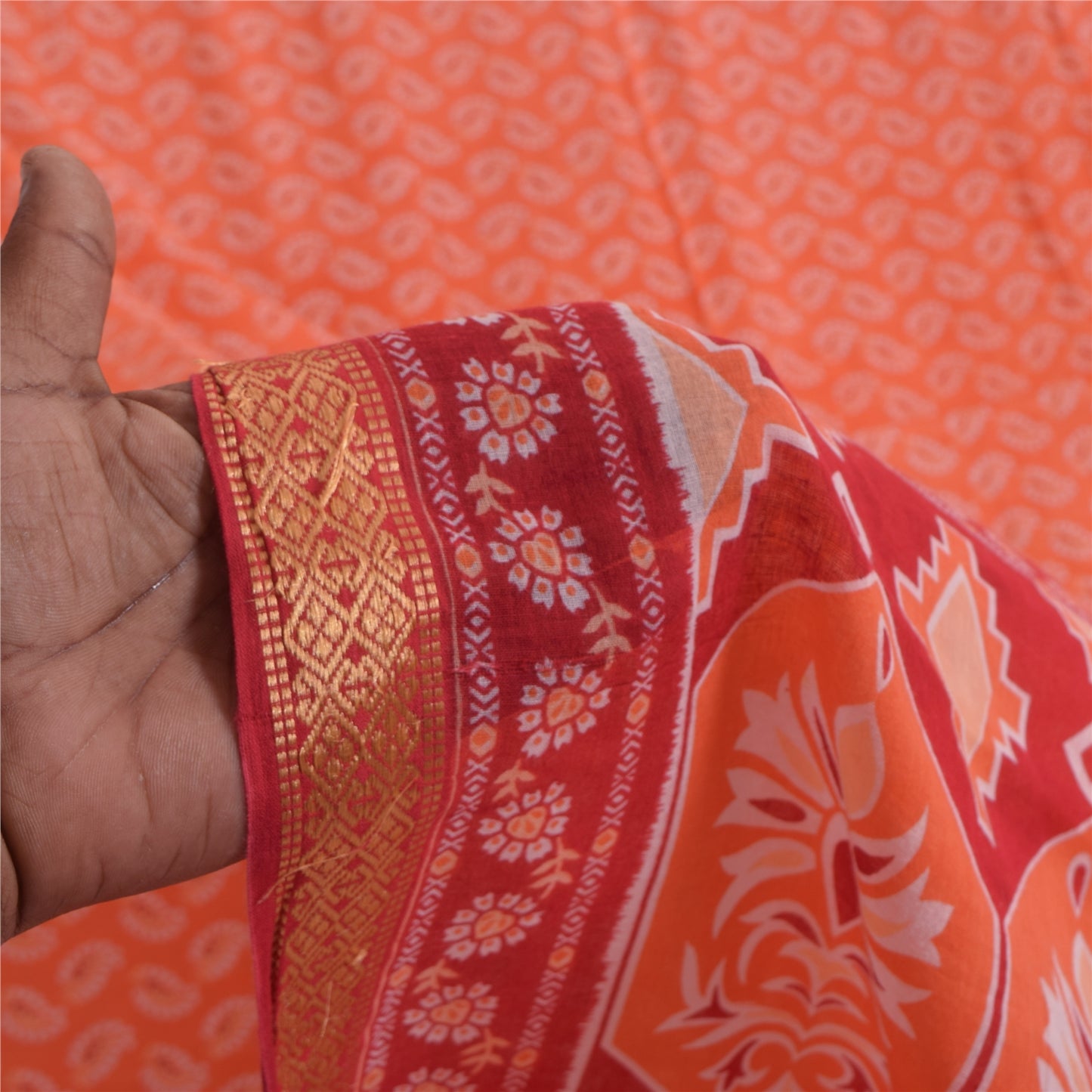 Sanskriti Vintage Sarees Indian Peach Pure Cotton Printed Sari 5+yd Craft Fabric