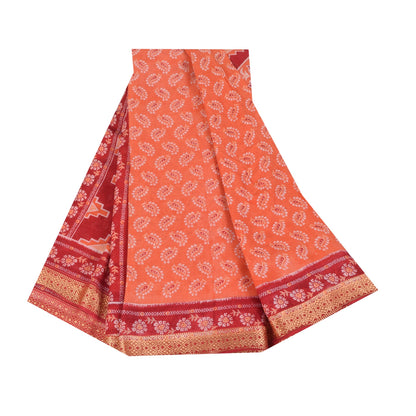 Sanskriti Vintage Sarees Indian Peach Pure Cotton Printed Sari 5+yd Craft Fabric