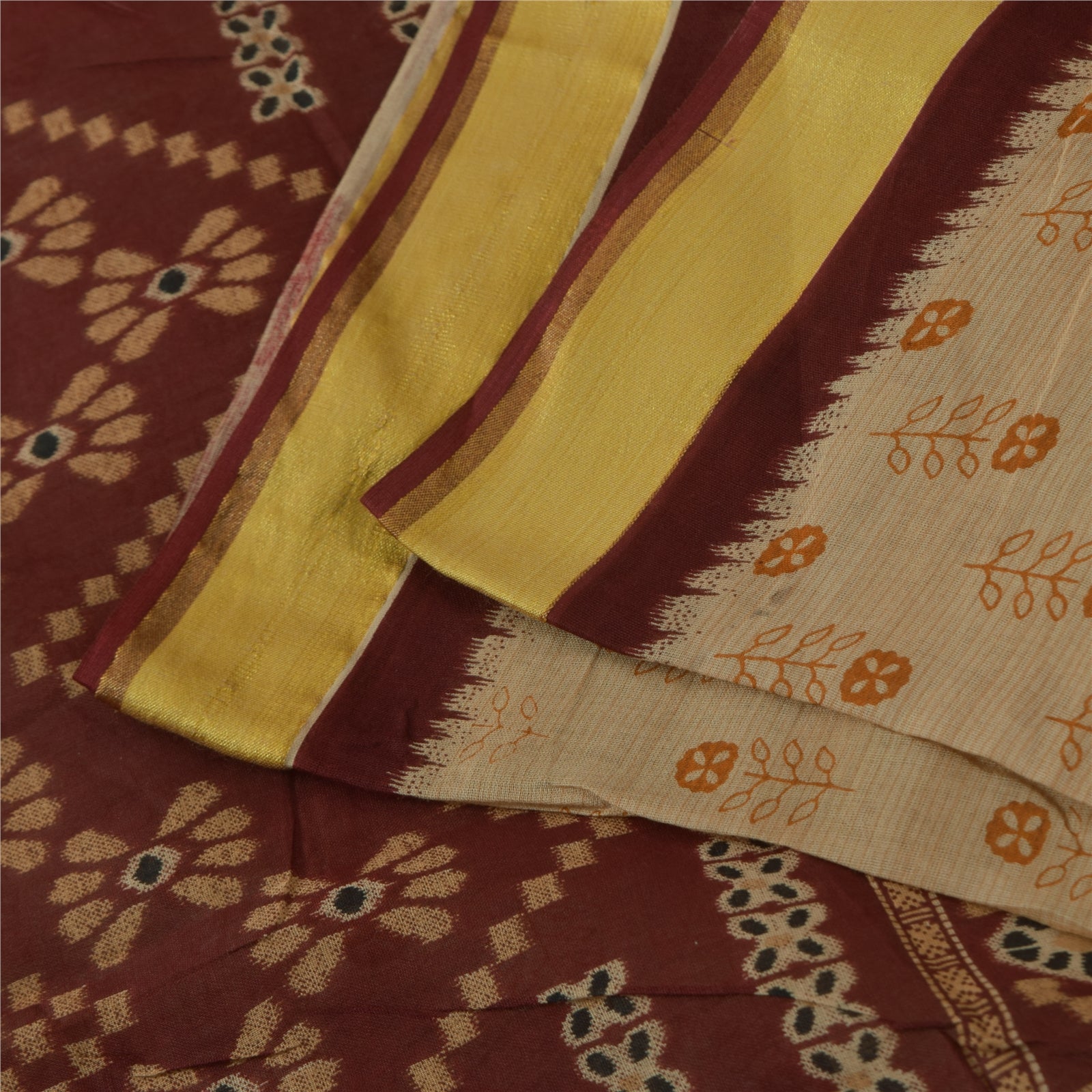 Sanskriti Vintage Sarees Indian Ivory Pure Cotton Printed Sari 5+yd Craft Fabric