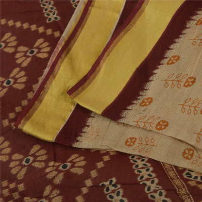 Sanskriti Vintage Sarees Indian Ivory Pure Cotton Printed Sari 5+yd Craft Fabric