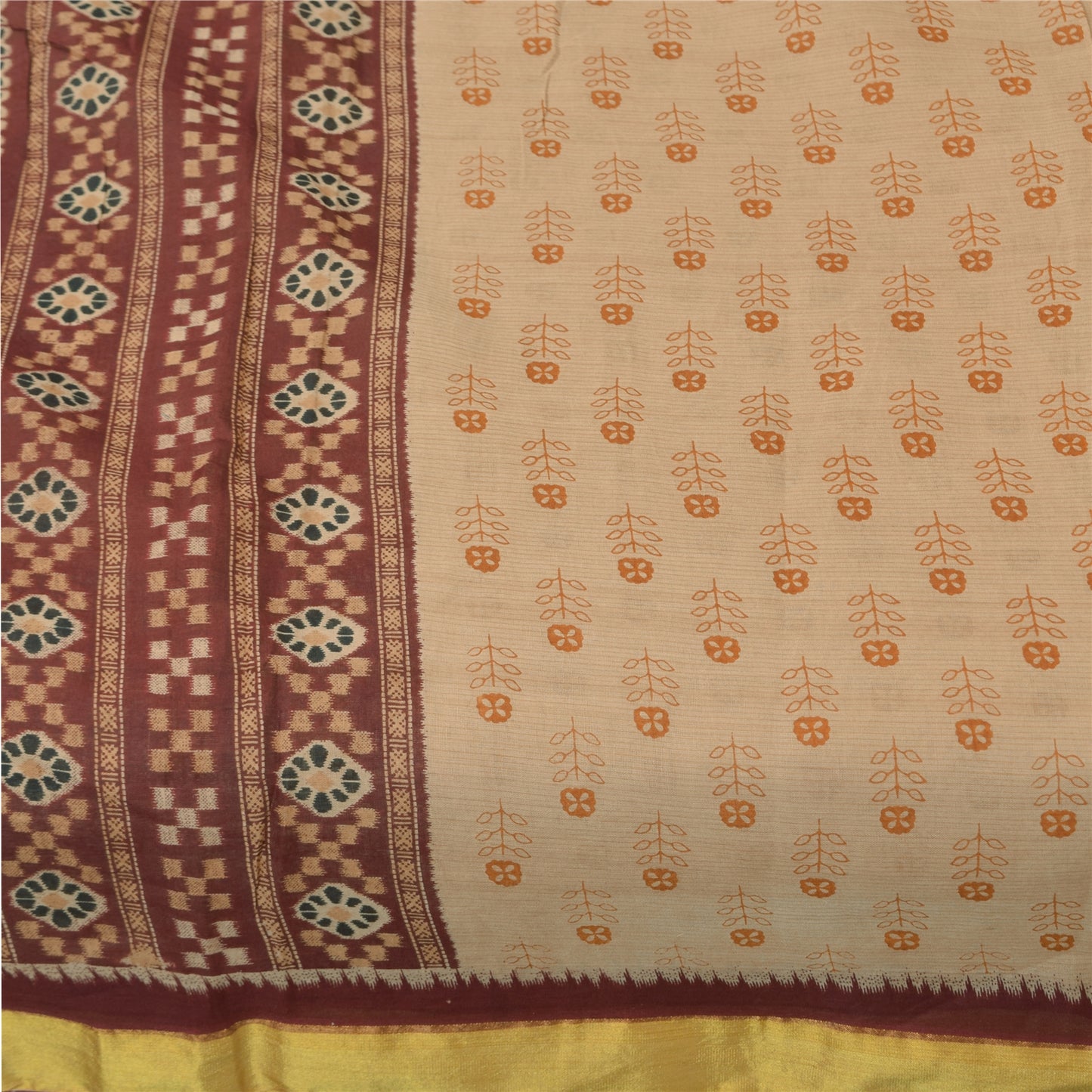 Sanskriti Vintage Sarees Indian Ivory Pure Cotton Printed Sari 5+yd Craft Fabric