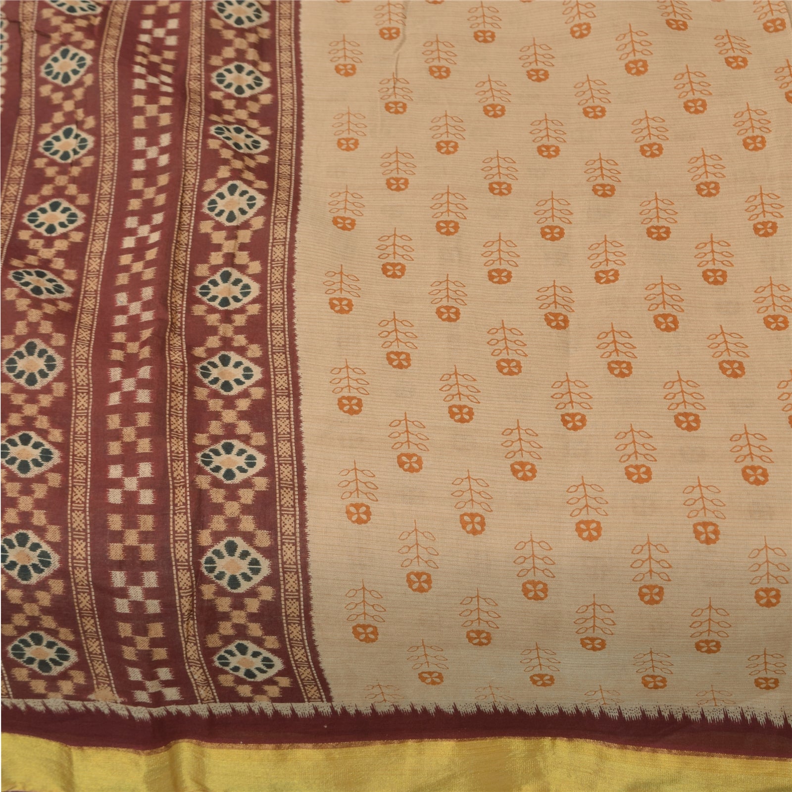 Sanskriti Vintage Sarees Indian Ivory Pure Cotton Printed Sari 5+yd Craft Fabric