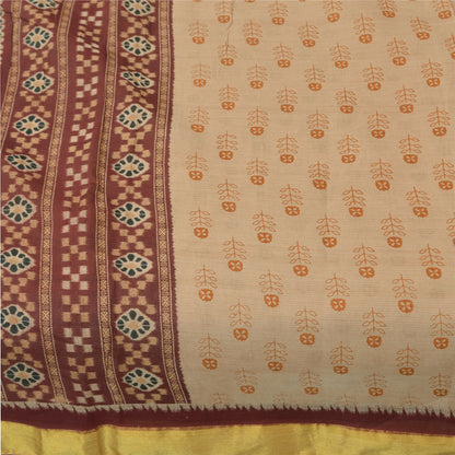 Sanskriti Vintage Sarees Indian Ivory Pure Cotton Printed Sari 5+yd Craft Fabric